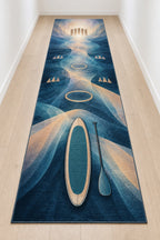 Stillwater Stance Prismwake Runner Rug with dimensional printed themed artwork; representative AI-generated mockup.