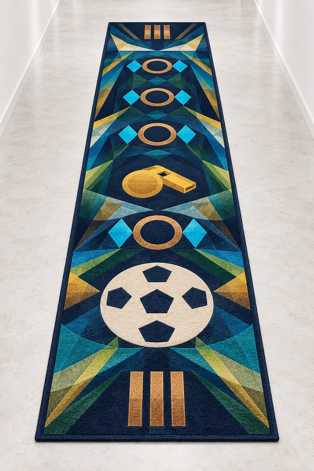 Touchline Signal Prism Runner Rug with dimensional printed themed artwork; representative AI-generated mockup.