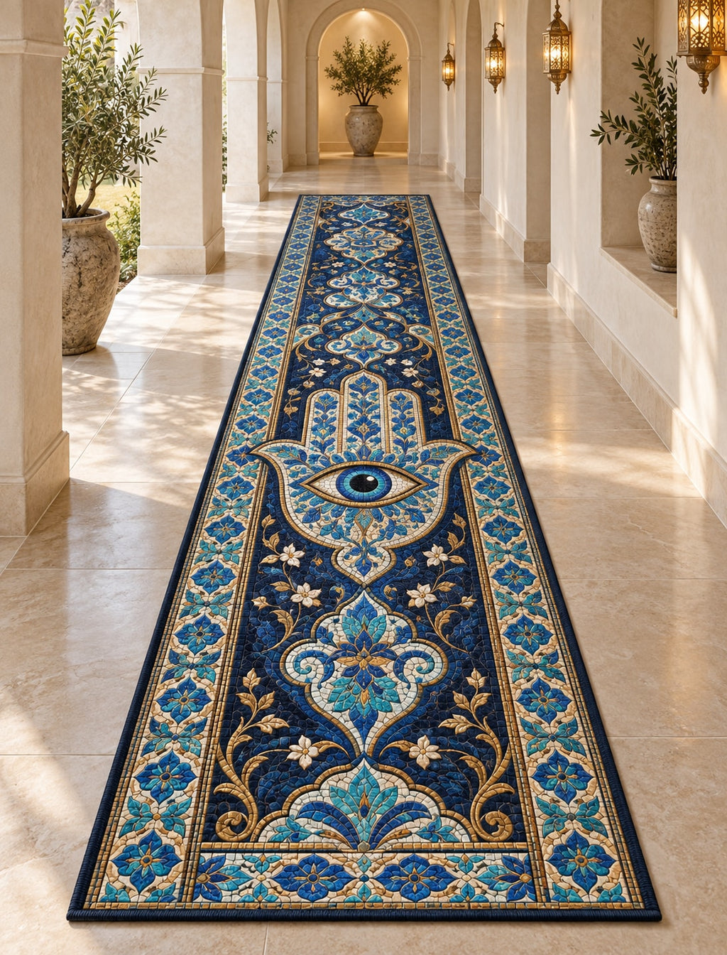 Hamsa Eye Mosaic Runner Rug with dimensional printed themed artwork; representative AI-generated mockup.
