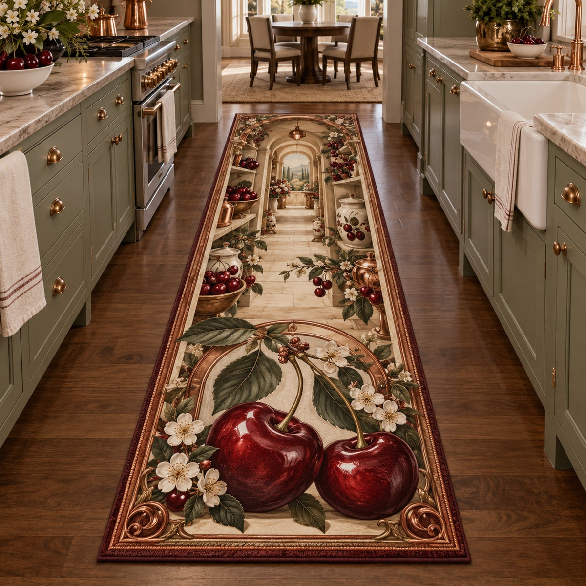 Cherry Kitchen Runner Rug with dimensional printed themed artwork; representative AI-generated mockup.