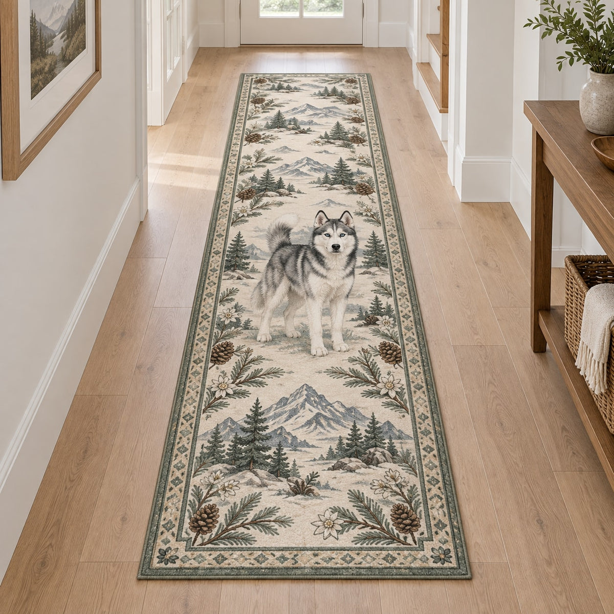 Husky Runner Rug with dimensional printed themed artwork; representative AI-generated mockup.
