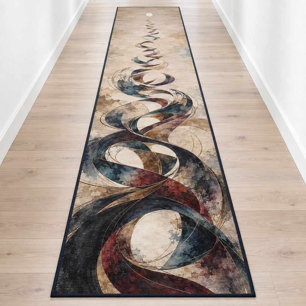 Cadence Inkfold Runner Rug with dimensional printed themed artwork; representative AI-generated mockup.