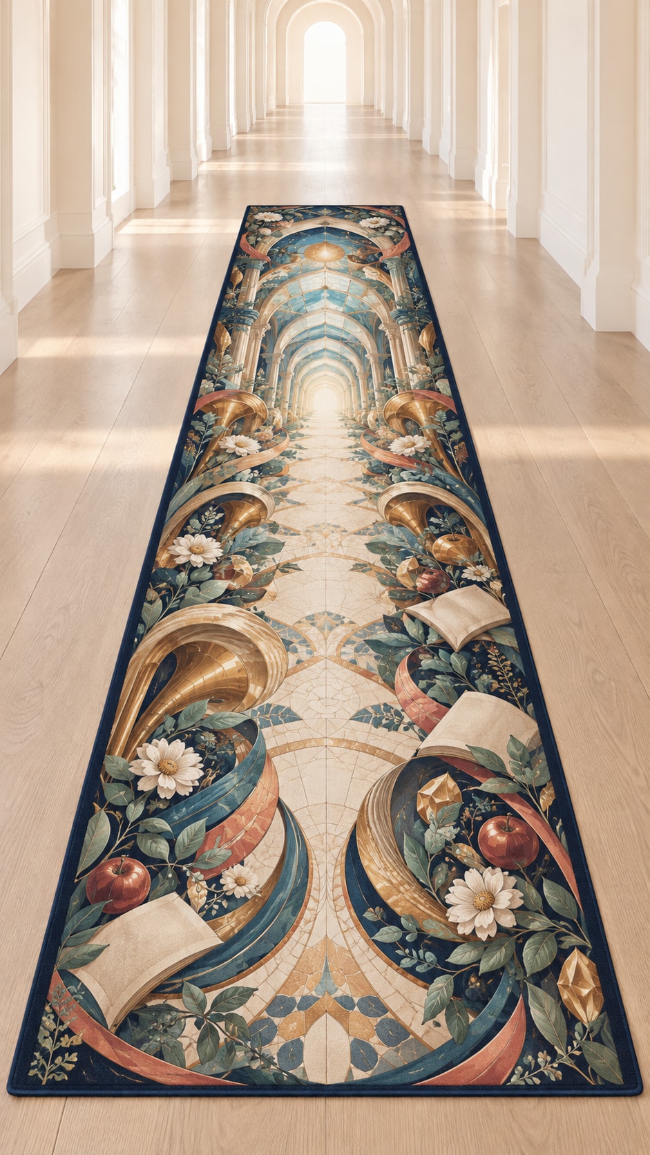 Resonant Harmony Conservatory Runner Rug with dimensional printed themed artwork; representative AI-generated mockup.