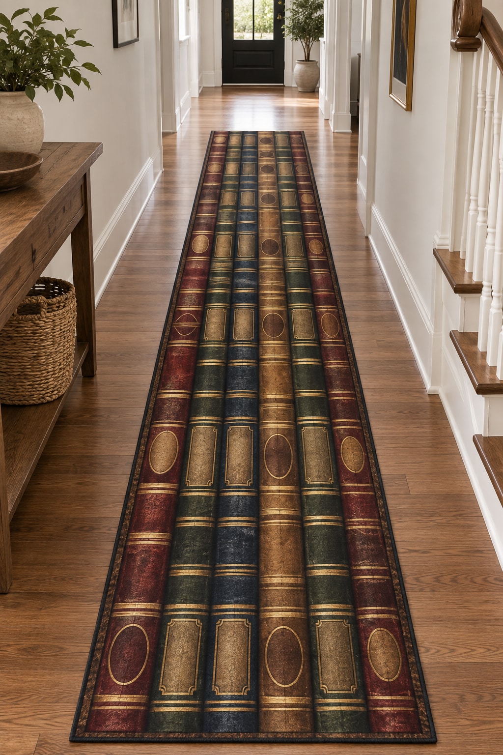 Anonymous Book Spines Runner Rug with dimensional printed themed artwork; representative AI-generated mockup.
