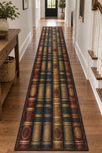Anonymous Book Spines Runner Rug with dimensional printed themed artwork; representative AI-generated mockup.