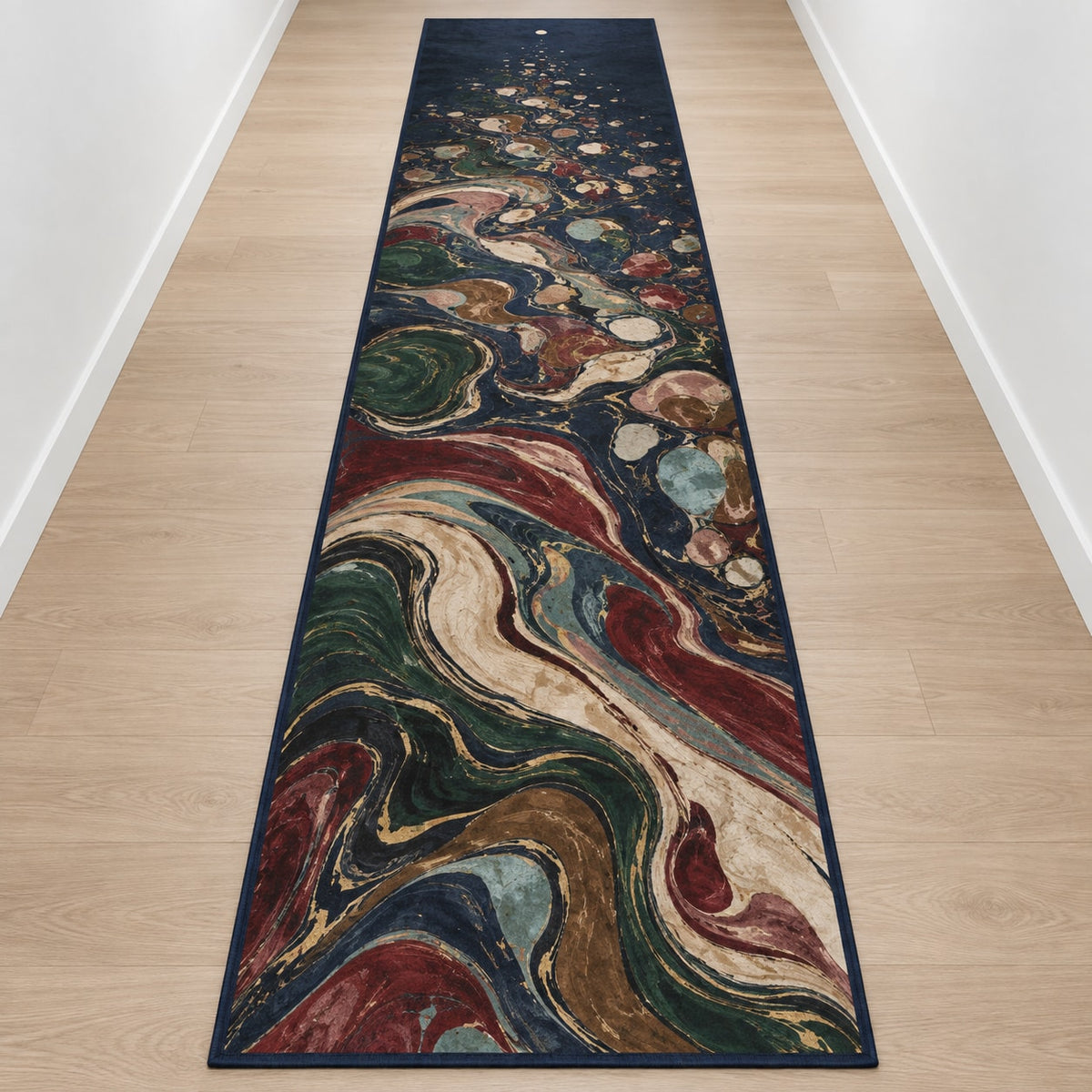 Folio Marbling Rift Runner Rug with dimensional printed themed artwork; representative AI-generated mockup.