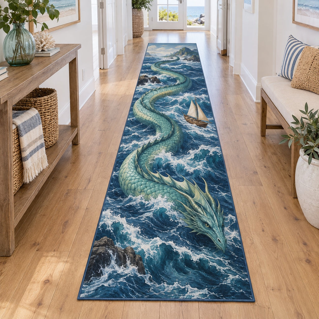 Sea Serpent Voyage Runner Rug with dimensional printed themed artwork; representative AI-generated mockup.