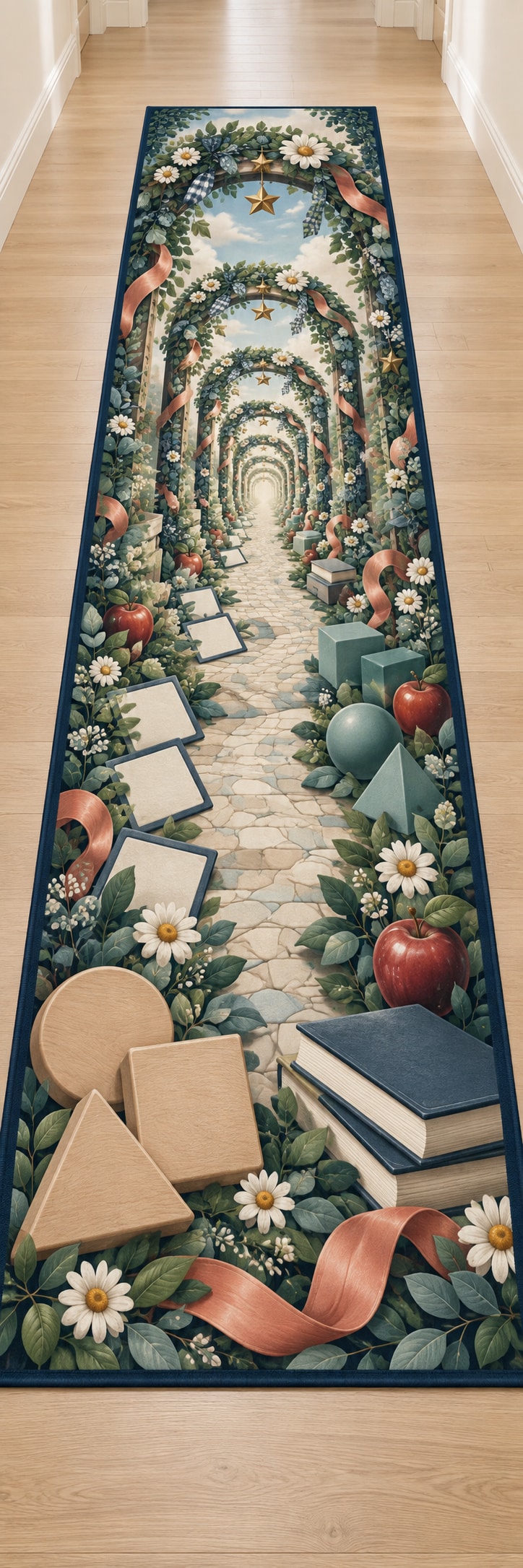 Inclusive Learning Sanctuary Runner Rug with dimensional printed themed artwork; representative AI-generated mockup.