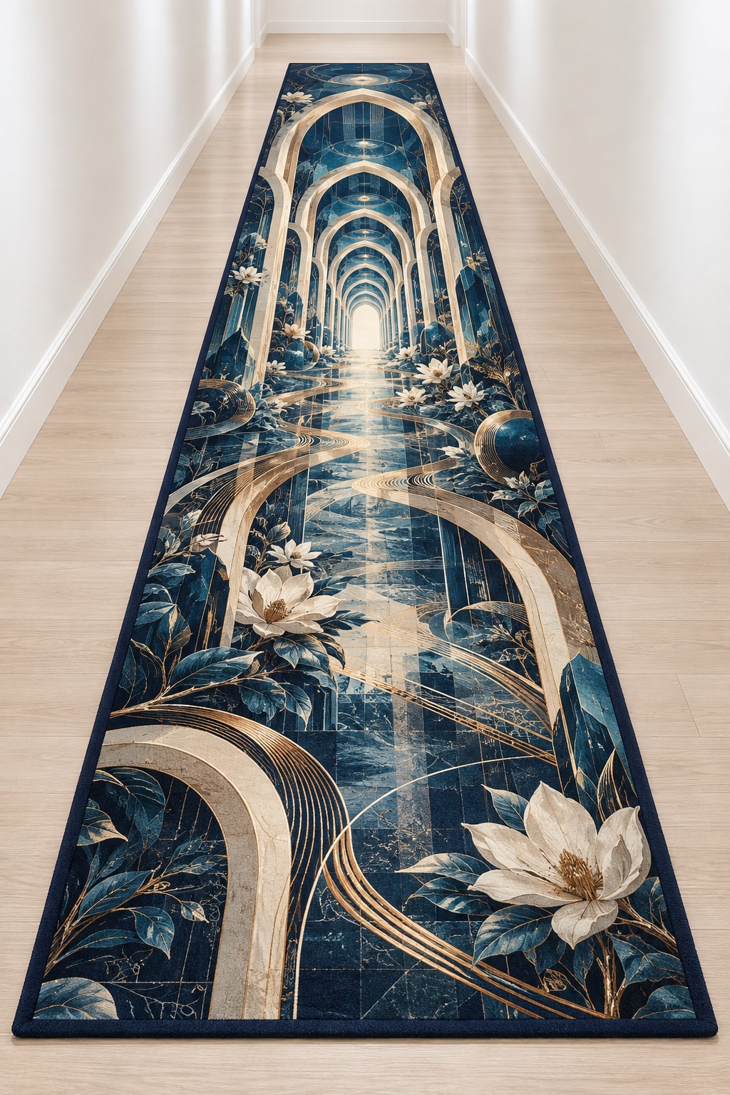 Structural Horizon Atrium Runner Rug with dimensional printed themed artwork; representative AI-generated mockup.