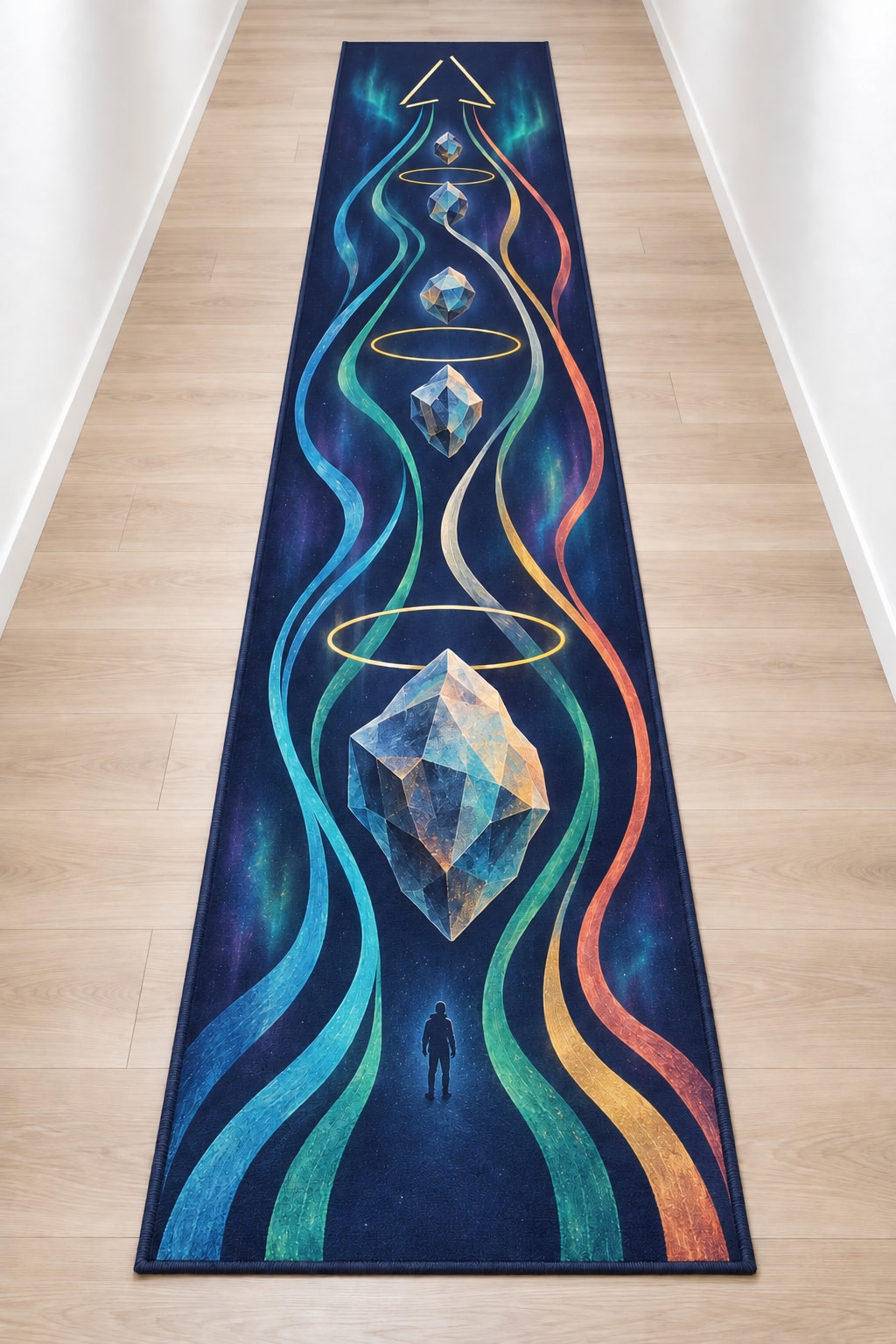 Aurora Cairn Ascension Runner Rug with dimensional printed themed artwork; representative AI-generated mockup.