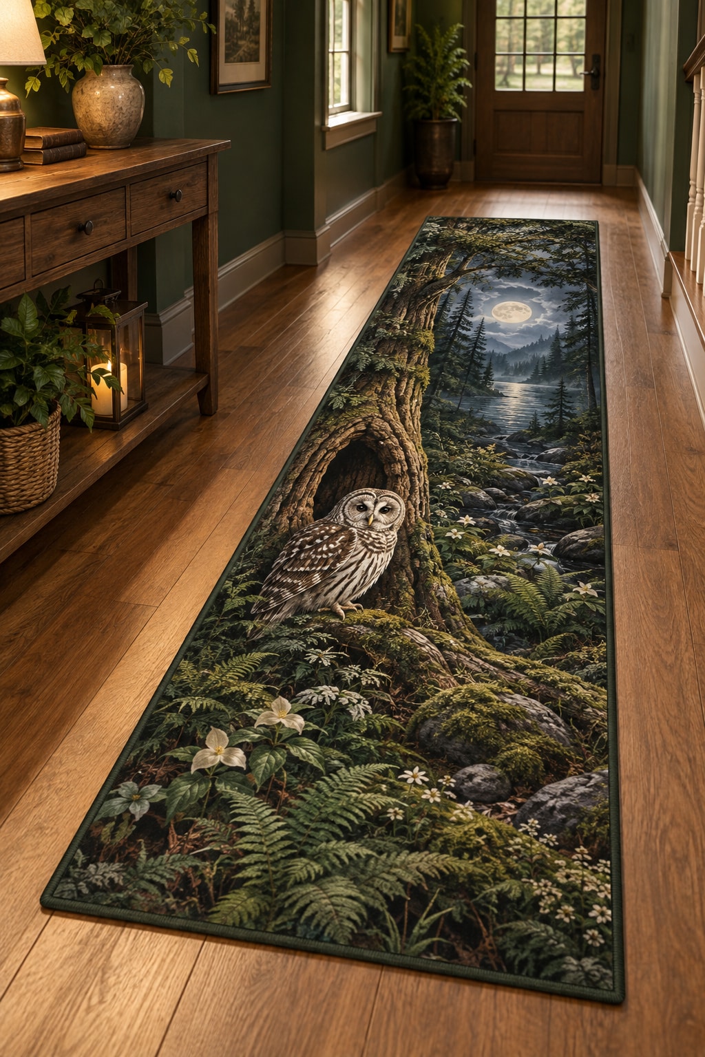 Owl Hollow Runner Rug with dimensional printed themed artwork; representative AI-generated mockup.
