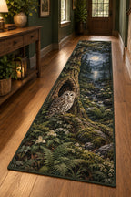 Owl Hollow Runner Rug with dimensional printed themed artwork; representative AI-generated mockup.