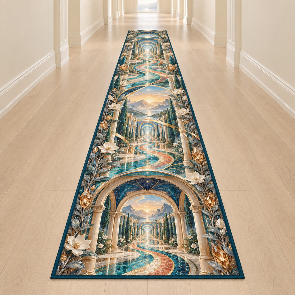 Physical Therapy Motion Atrium Runner Rug with dimensional printed themed artwork; representative AI-generated mockup.