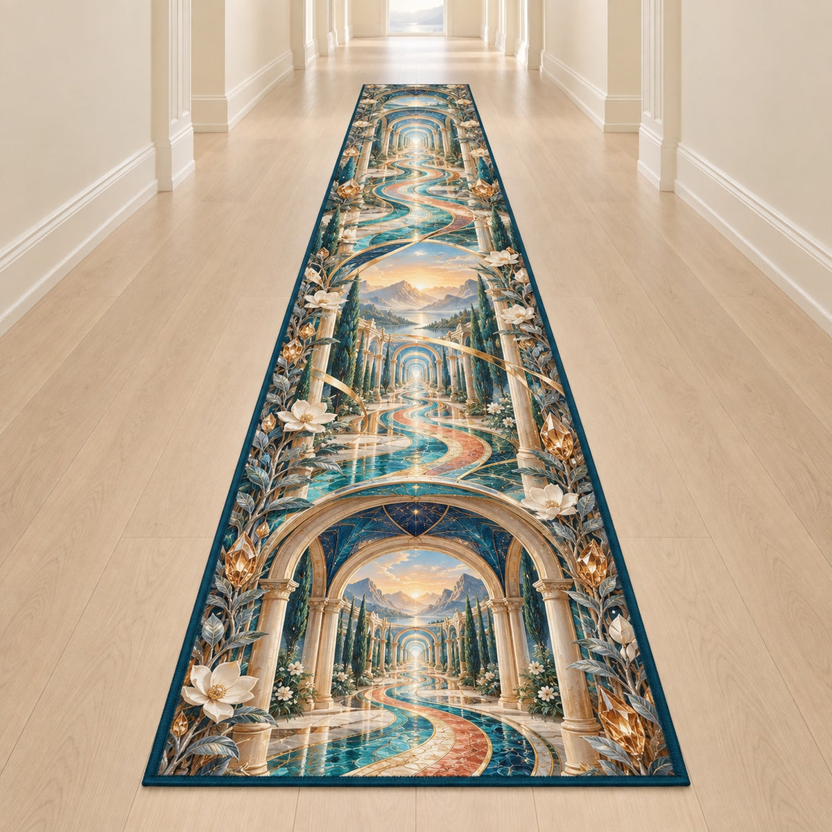 Physical Therapy Motion Atrium Runner Rug with dimensional printed themed artwork; representative AI-generated mockup.