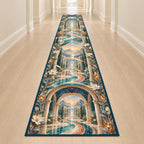 Physical Therapy Motion Atrium Runner Rug with dimensional printed themed artwork; representative AI-generated mockup.