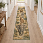 Safari Animal Parade Runner Rug with dimensional printed themed artwork; representative AI-generated mockup.