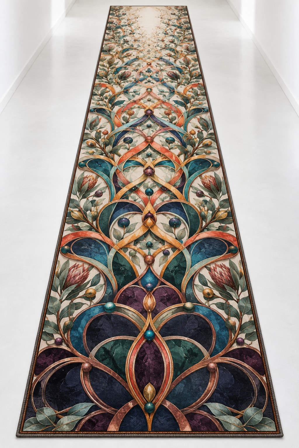 Loopflower Lattice Atrium Runner Rug with dimensional printed themed artwork; representative AI-generated mockup.