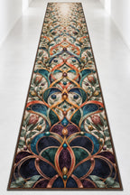 Loopflower Lattice Atrium Runner Rug with dimensional printed themed artwork; representative AI-generated mockup.