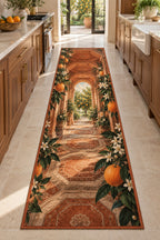 Orange Grove Kitchen Runner Rug with dimensional printed themed artwork; representative AI-generated mockup.