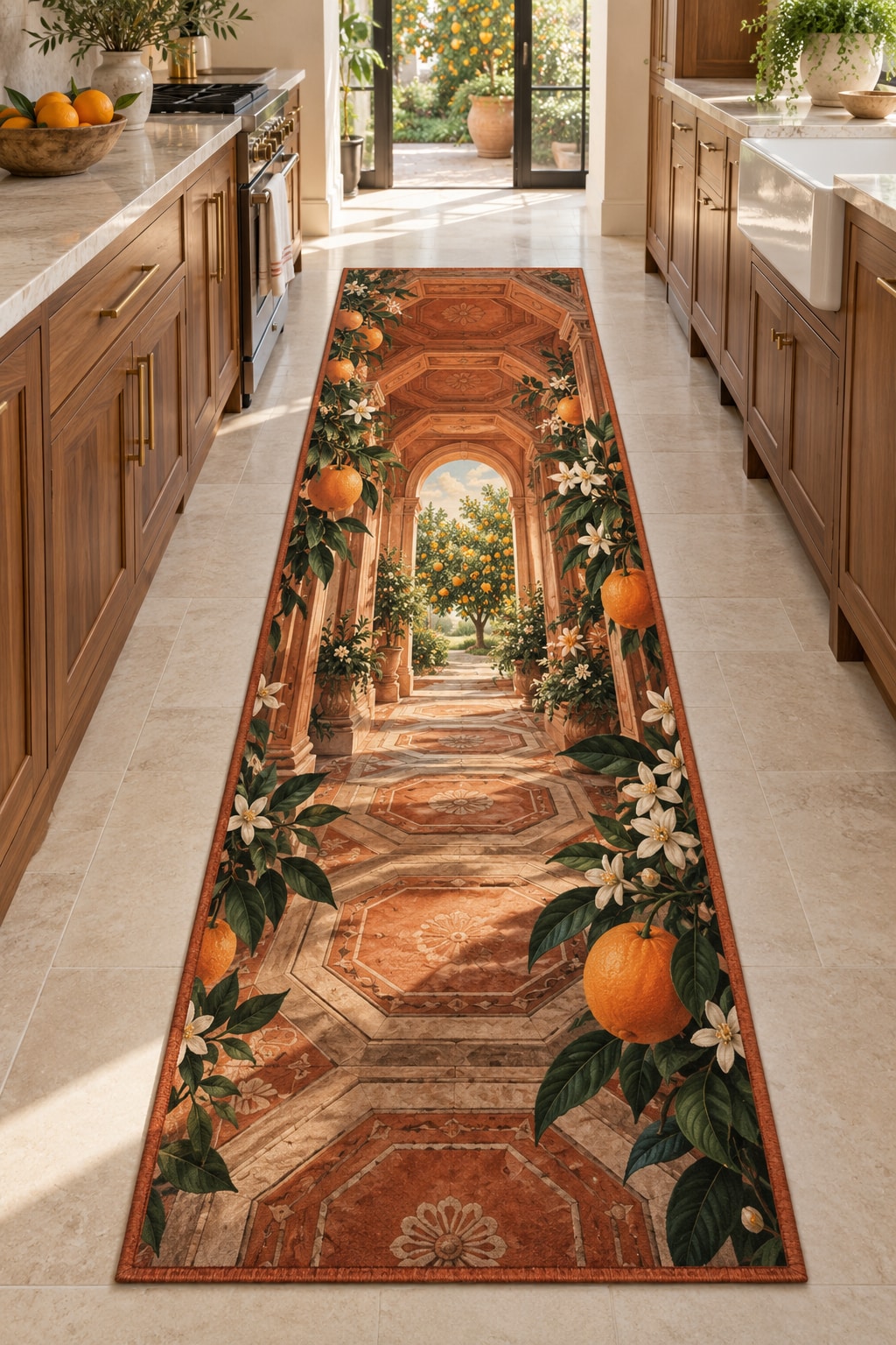 Orange Grove Kitchen Runner Rug with dimensional printed themed artwork; representative AI-generated mockup.