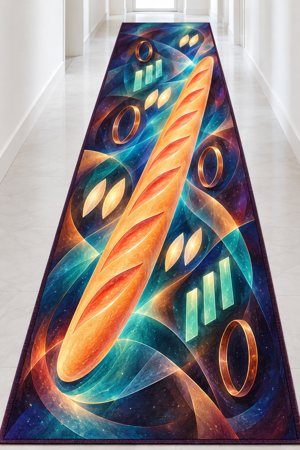 Baguette Aurora Relay Runner Rug with dimensional printed themed artwork; representative AI-generated mockup.