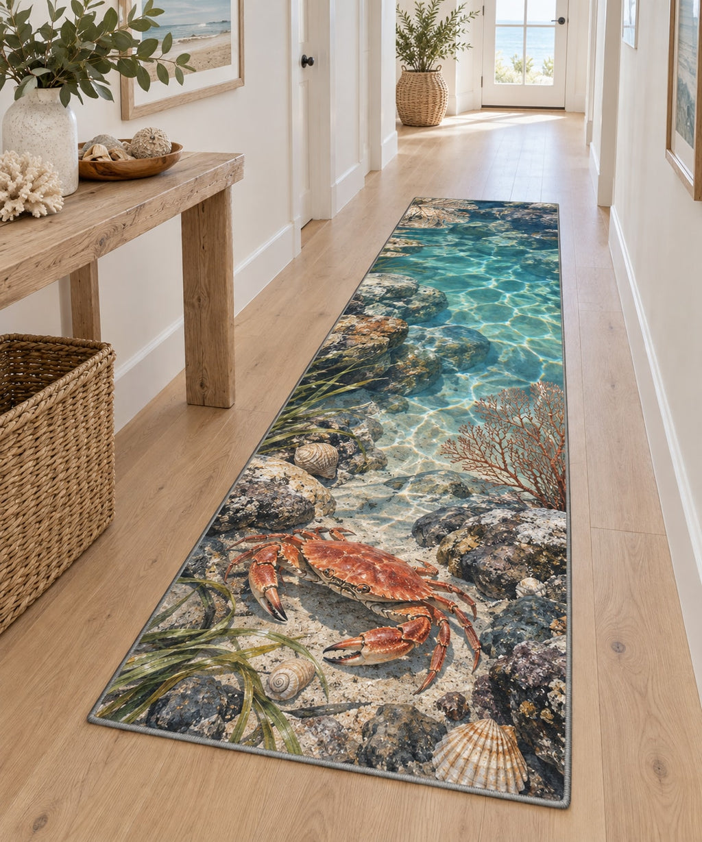 Crab Tidal Pool Runner Rug with dimensional printed themed artwork; representative AI-generated mockup.