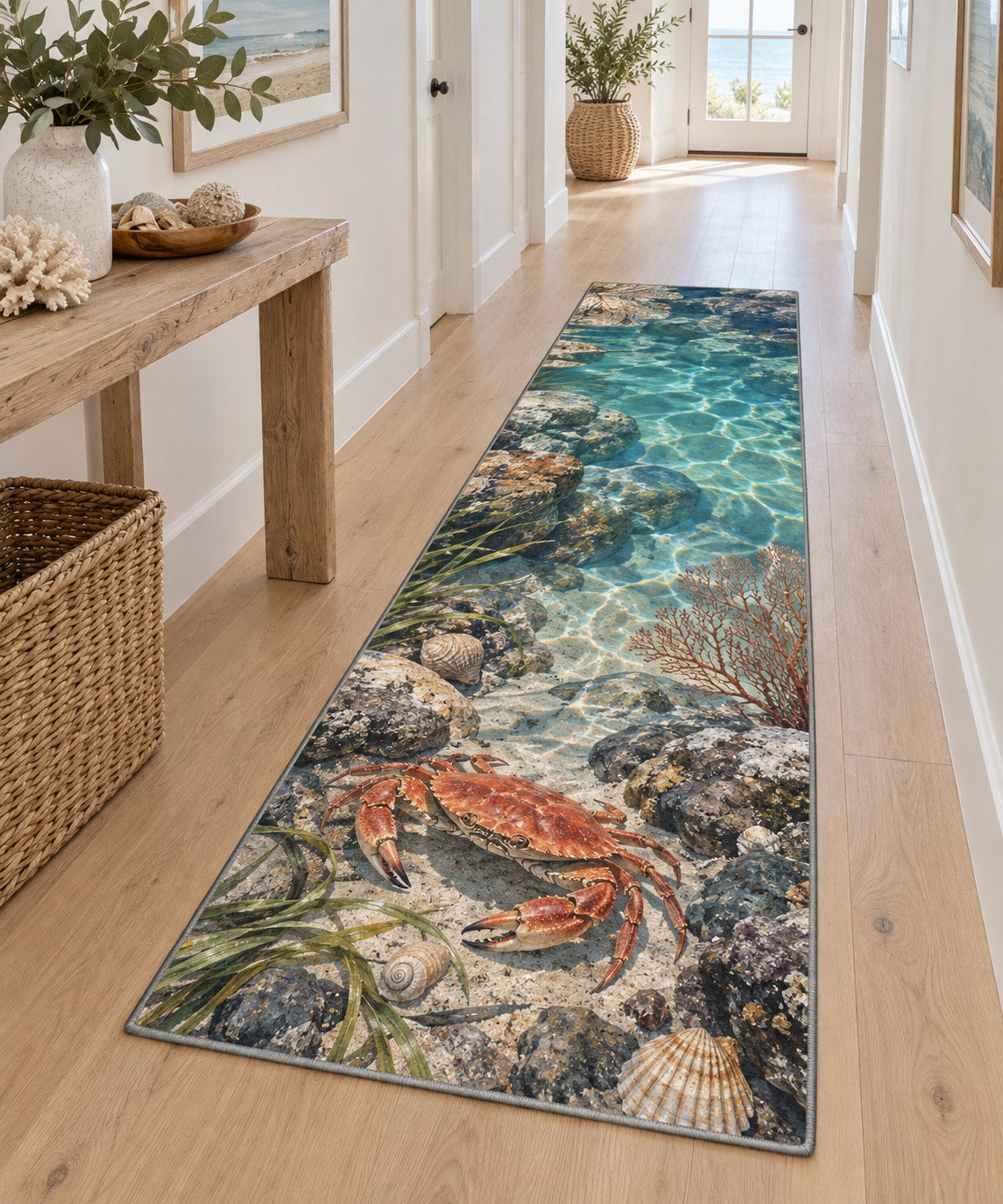 Crab Tidal Pool Runner Rug with dimensional printed themed artwork; representative AI-generated mockup.