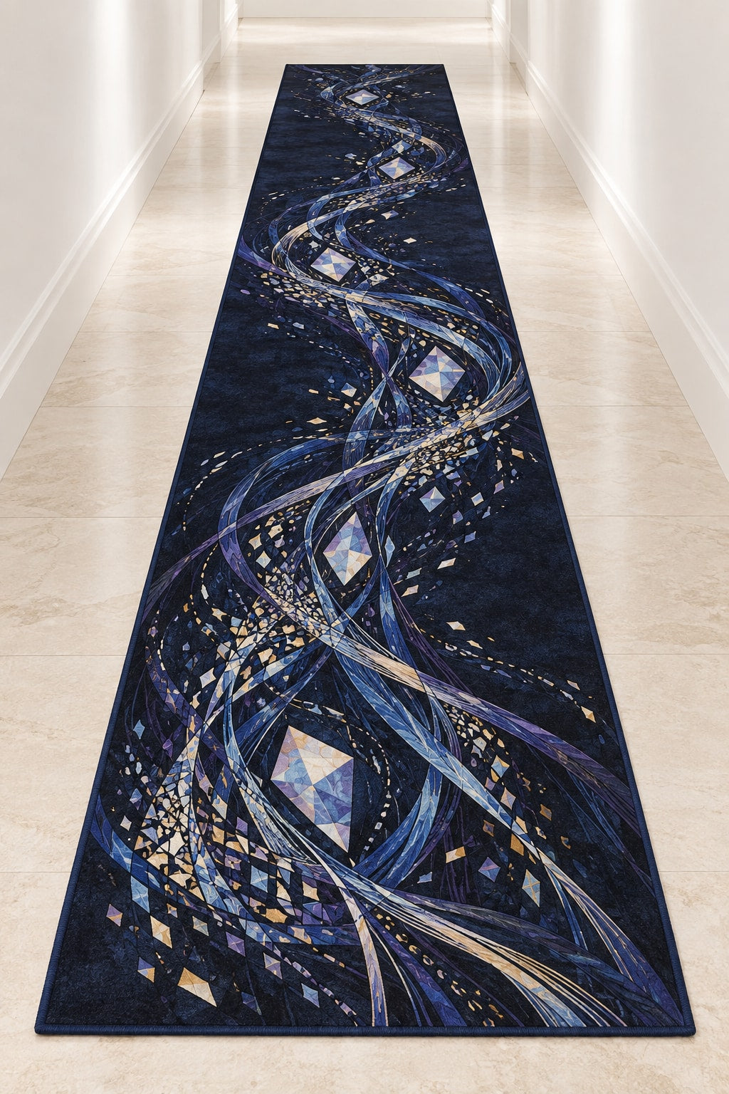 Nocturne Orrery Runner Rug with dimensional printed themed artwork; representative AI-generated mockup.