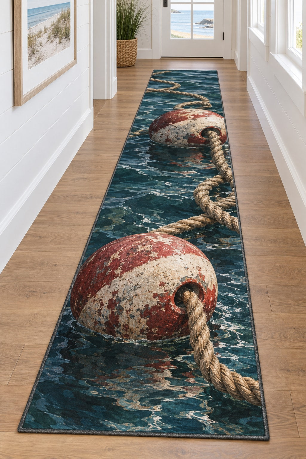 Buoy and Rope Runner Rug with dimensional printed themed artwork; representative AI-generated mockup.