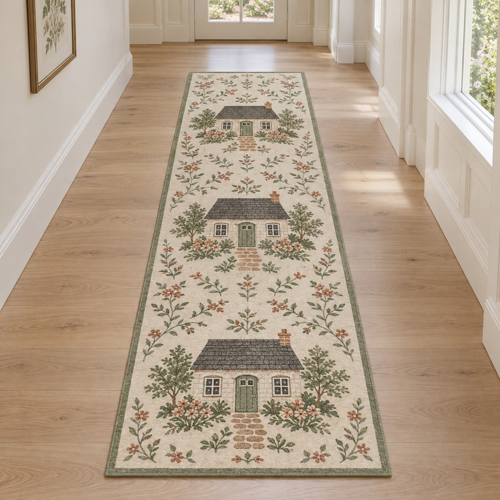 Cottage Garden House Portrait Runner Rug with dimensional printed themed artwork; representative AI-generated mockup.
