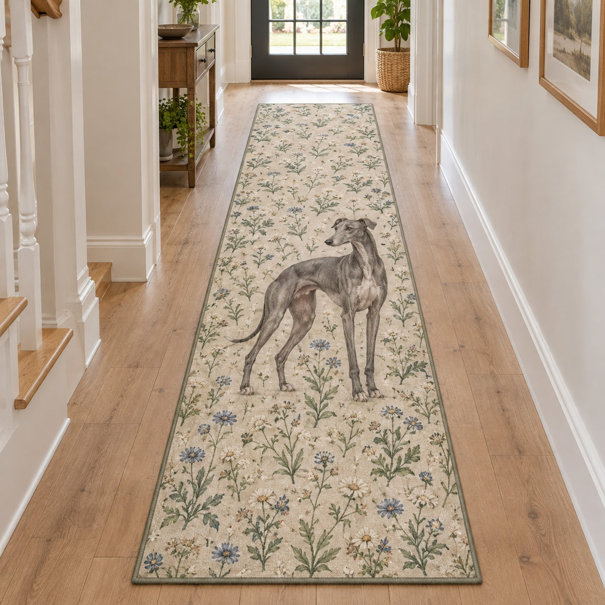 Greyhound Runner Rug with dimensional printed themed artwork; representative AI-generated mockup.