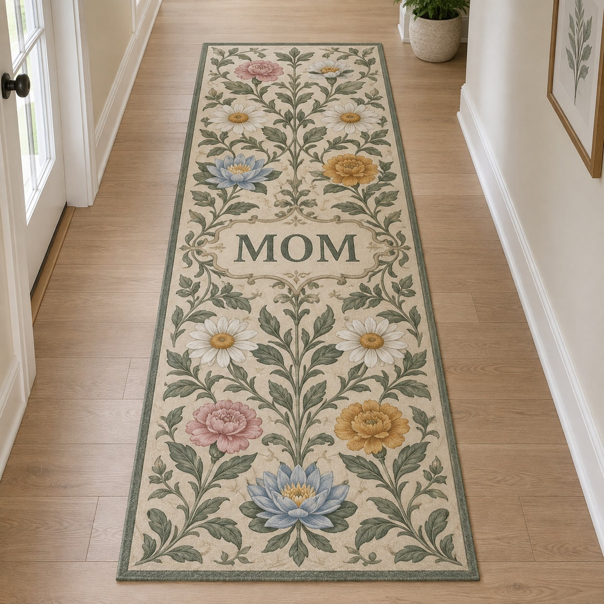 Mother Family Birth Flowers Runner Rug with dimensional printed themed artwork; representative AI-generated mockup.