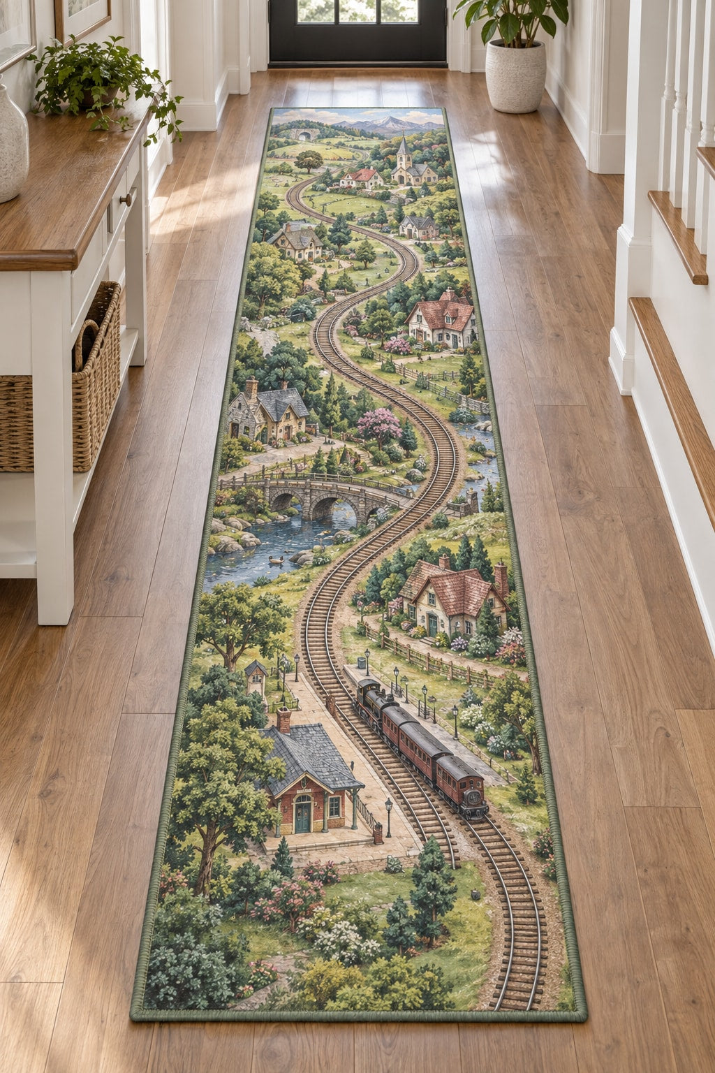 Storybook Train Village Map Runner Rug with dimensional printed themed artwork; representative AI-generated mockup.