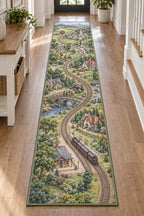 Storybook Train Village Map Runner Rug with dimensional printed themed artwork; representative AI-generated mockup.
