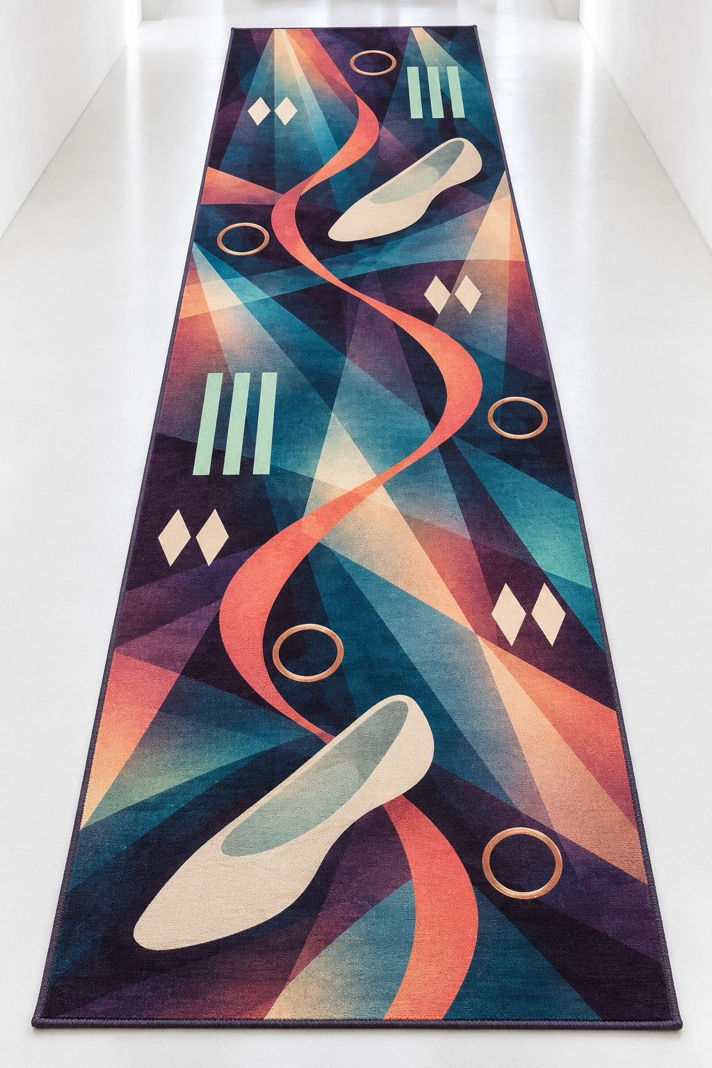 Tempo Lantern Rehearsal Runner Rug with dimensional printed themed artwork; representative AI-generated mockup.