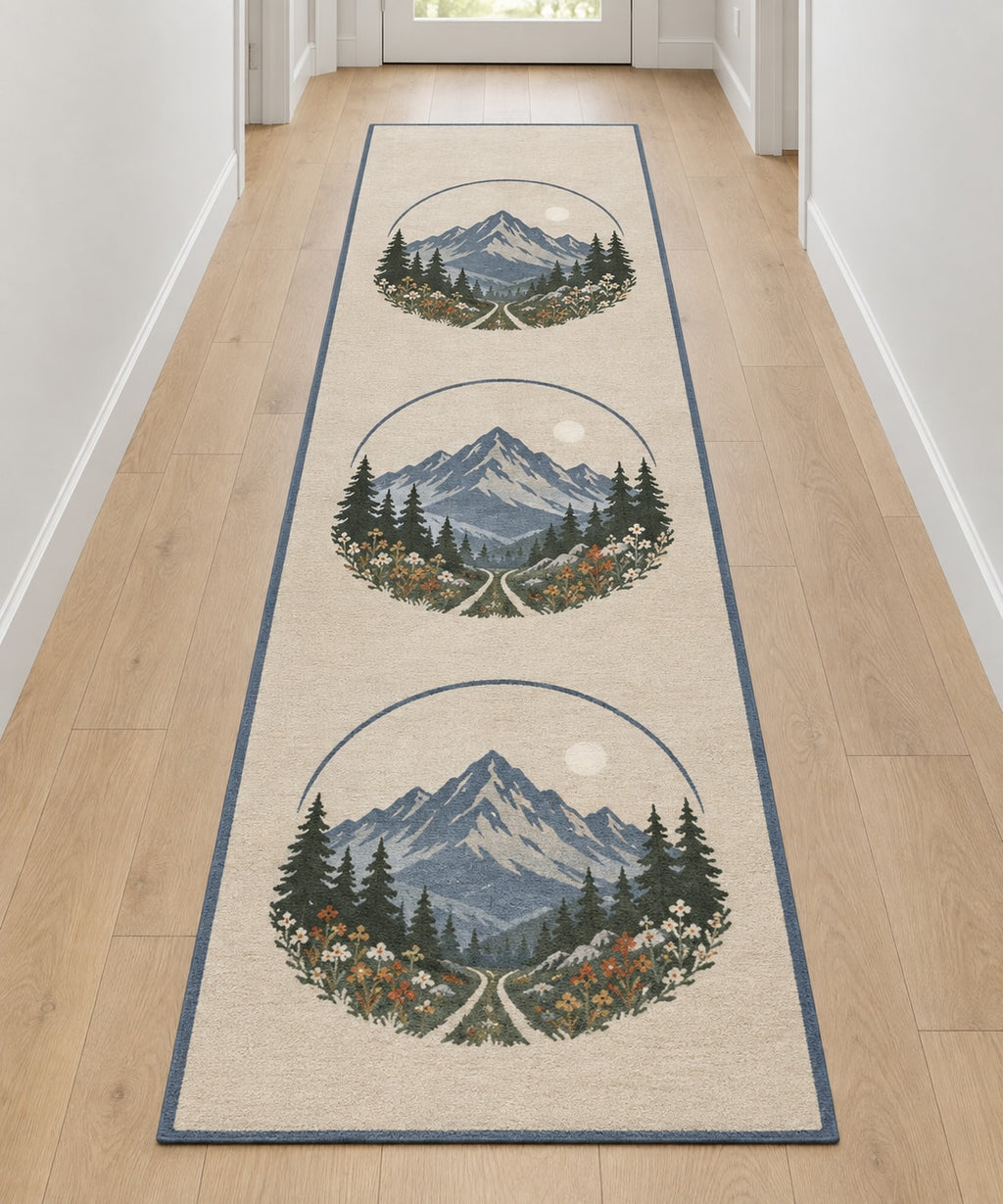 Mountain Elopement Ridge Runner Rug with dimensional printed themed artwork; representative AI-generated mockup.