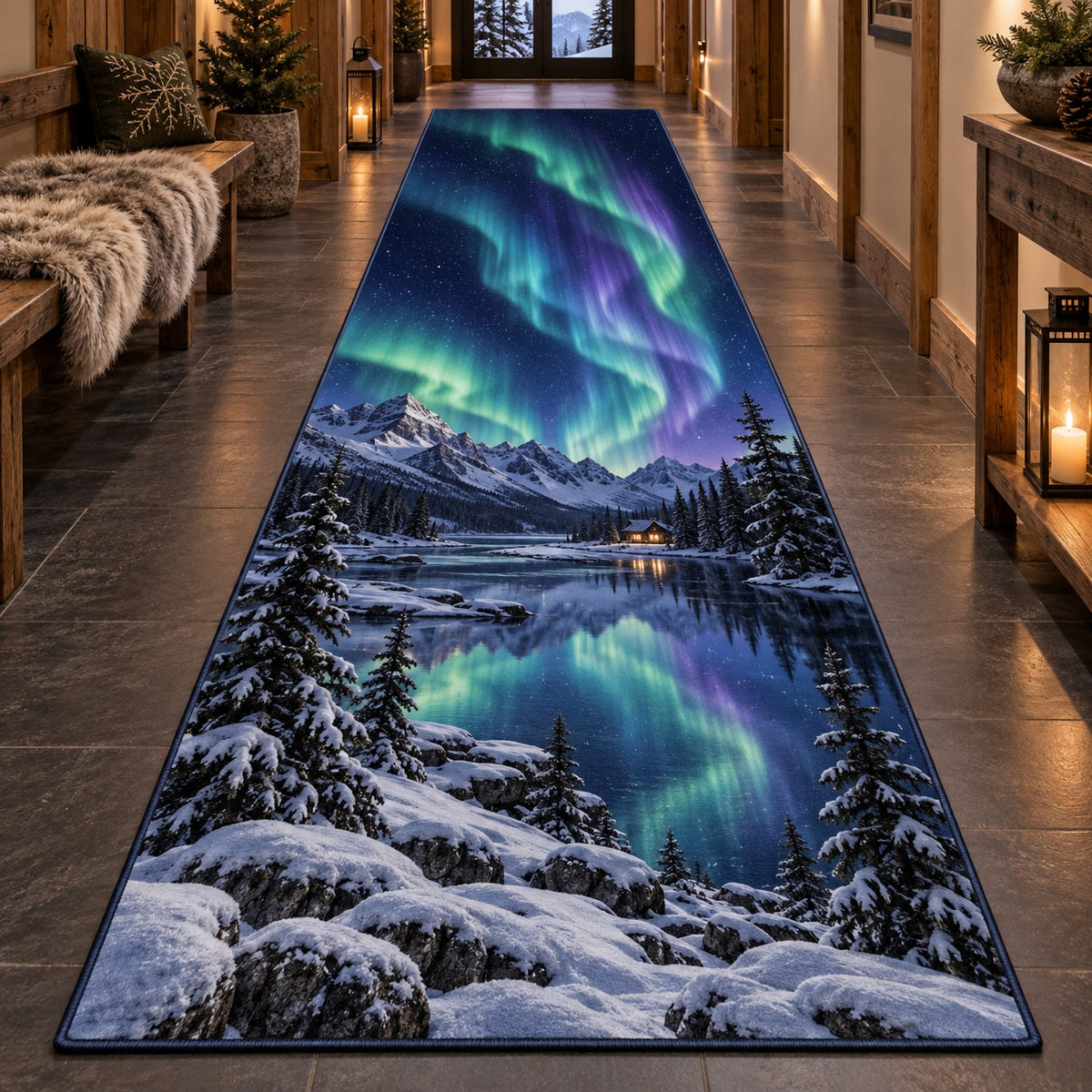 Northern Lights Runner Rug with dimensional printed themed artwork; representative AI-generated mockup.