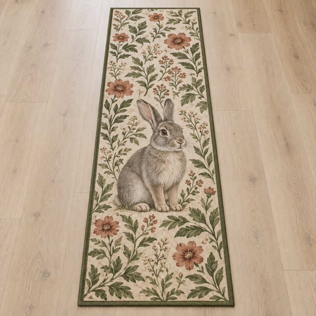 House Rabbit Companion Runner Rug with dimensional printed themed artwork; representative AI-generated mockup.