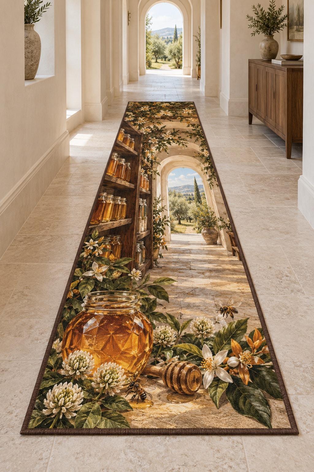 Honey Harvest Pantry Runner Rug with dimensional printed themed artwork; representative AI-generated mockup.