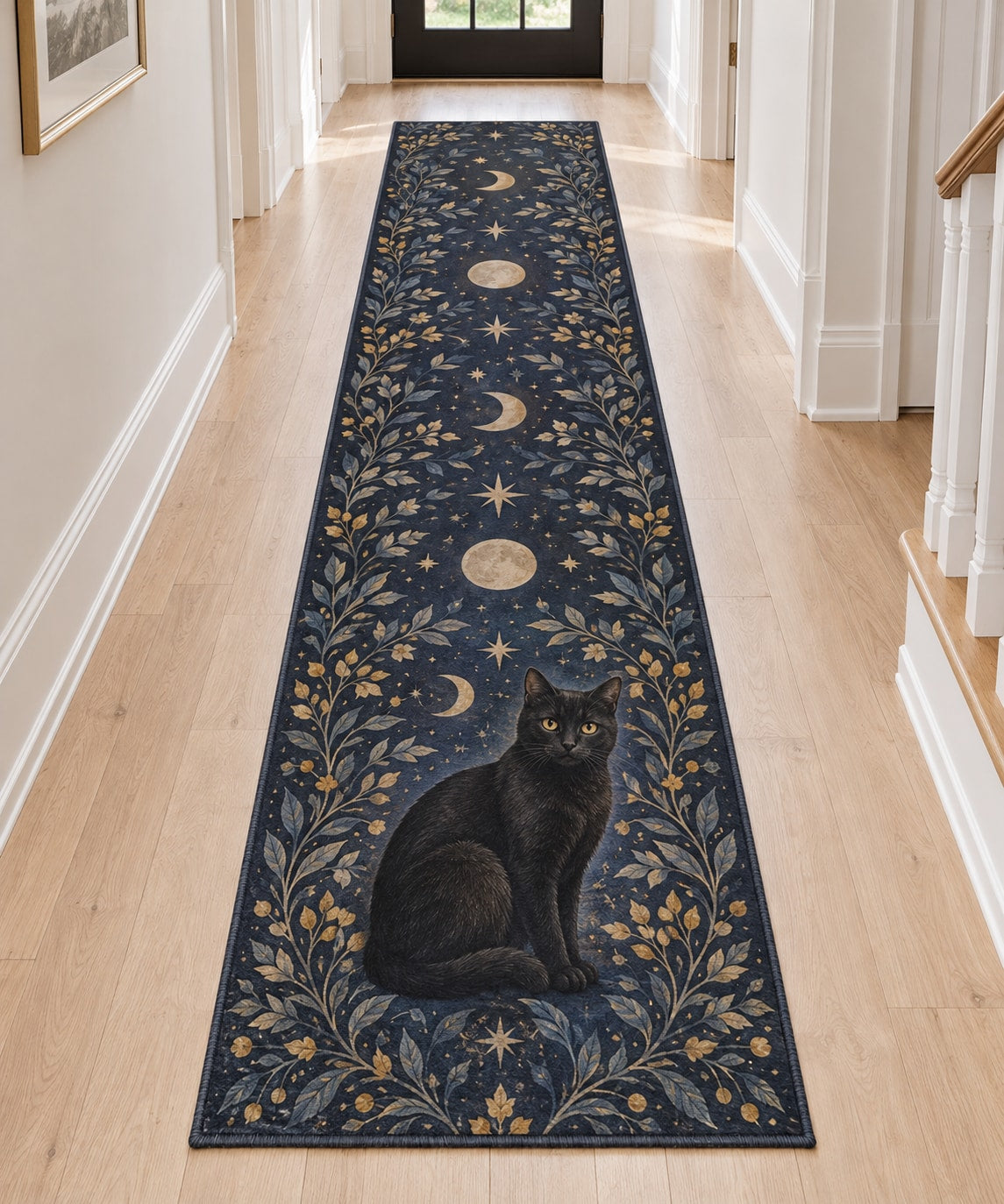 Black Cat Companion Runner Rug with dimensional printed themed artwork; representative AI-generated mockup.