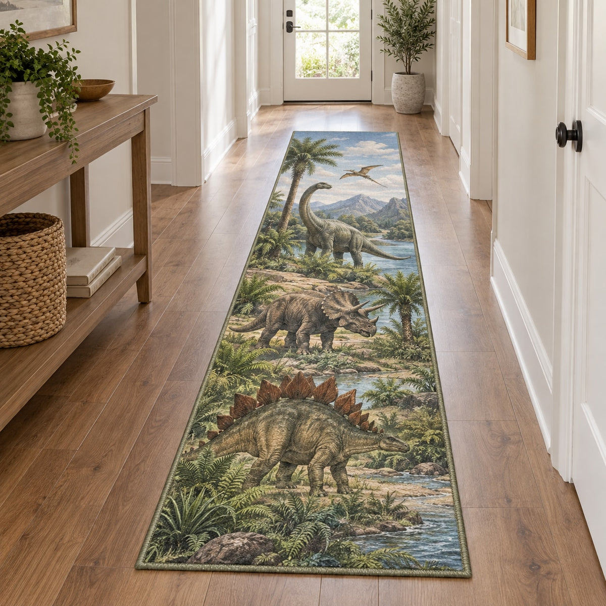 Dinosaur Discovery Runner Rug with dimensional printed themed artwork; representative AI-generated mockup.
