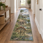 Dinosaur Discovery Runner Rug with dimensional printed themed artwork; representative AI-generated mockup.