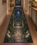 Moon Garden Gate Runner Rug with dimensional printed themed artwork; representative AI-generated mockup.