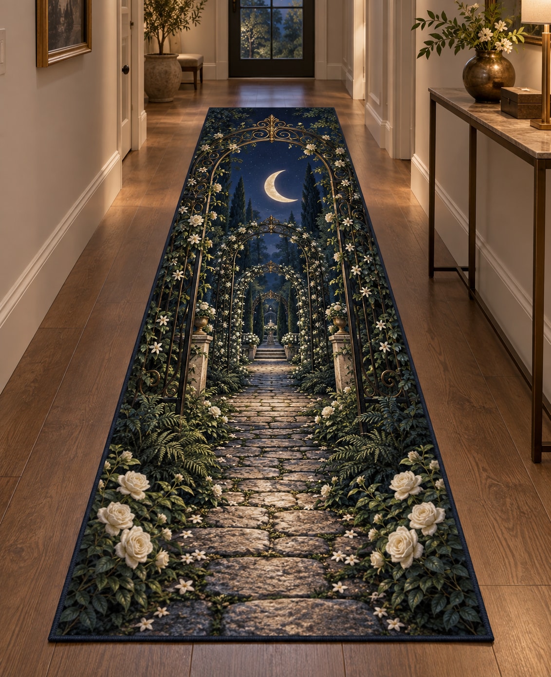 Moon Garden Gate Runner Rug with dimensional printed themed artwork; representative AI-generated mockup.