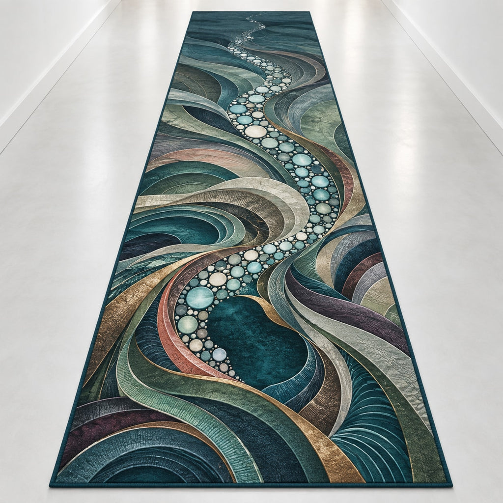 Luminous Aquascape Terraces Runner Rug with dimensional printed themed artwork; representative AI-generated mockup.