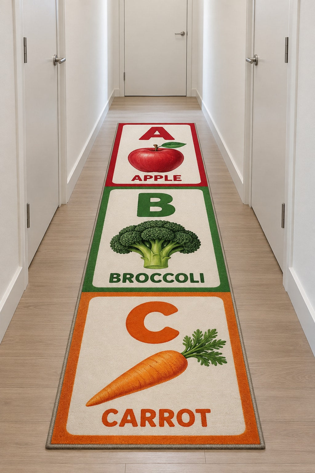 Fruit and Vegetable Alphabet Runner Rug with dimensional printed themed artwork; representative AI-generated mockup.