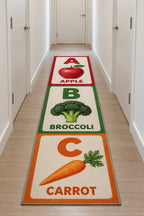 Fruit and Vegetable Alphabet Runner Rug with dimensional printed themed artwork; representative AI-generated mockup.