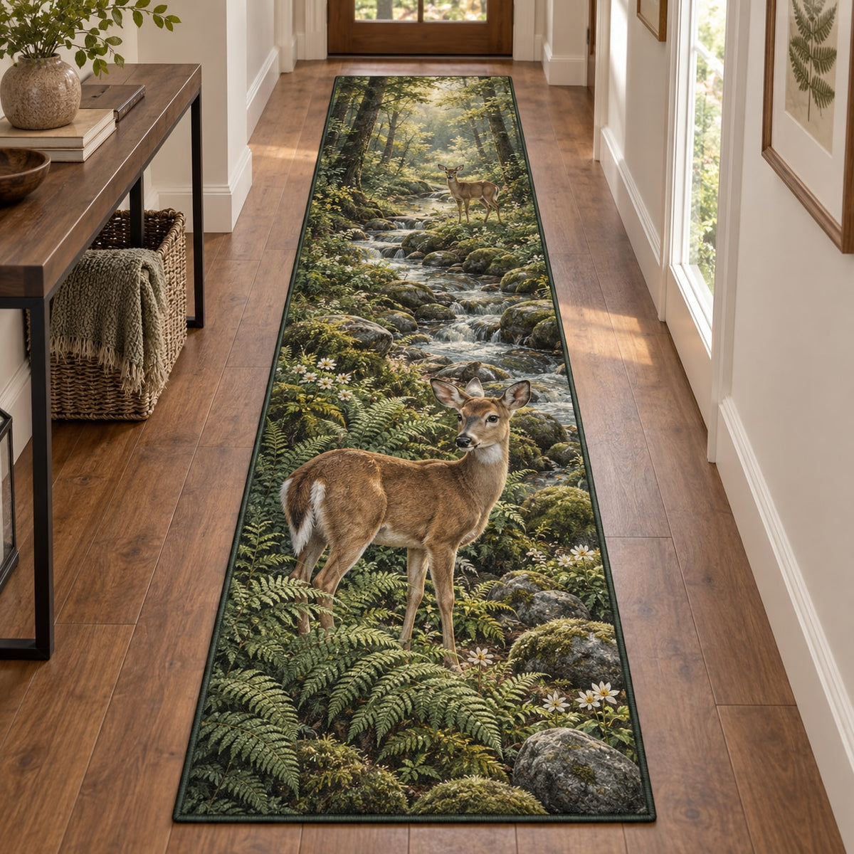 Deer and Ferns Runner Rug with dimensional printed themed artwork; representative AI-generated mockup.