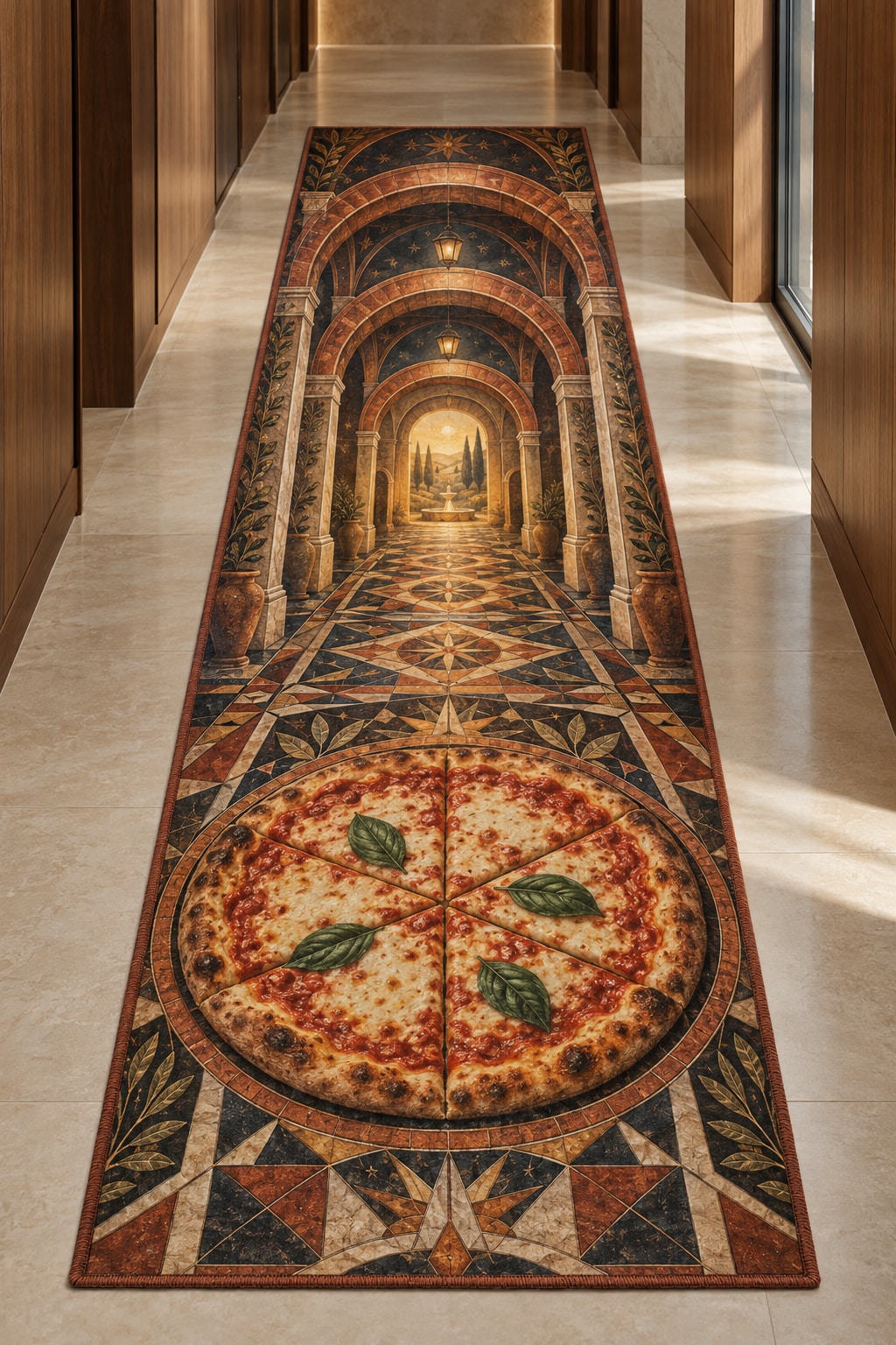 Pizza Night Ember Portal Runner Rug with dimensional printed themed artwork; representative AI-generated mockup.