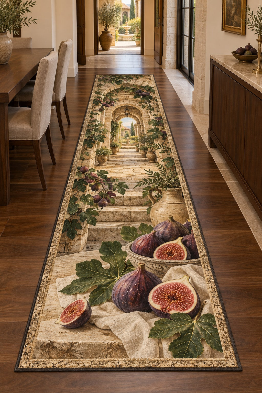 Fig Harvest Runner Rug with dimensional printed themed artwork; representative AI-generated mockup.